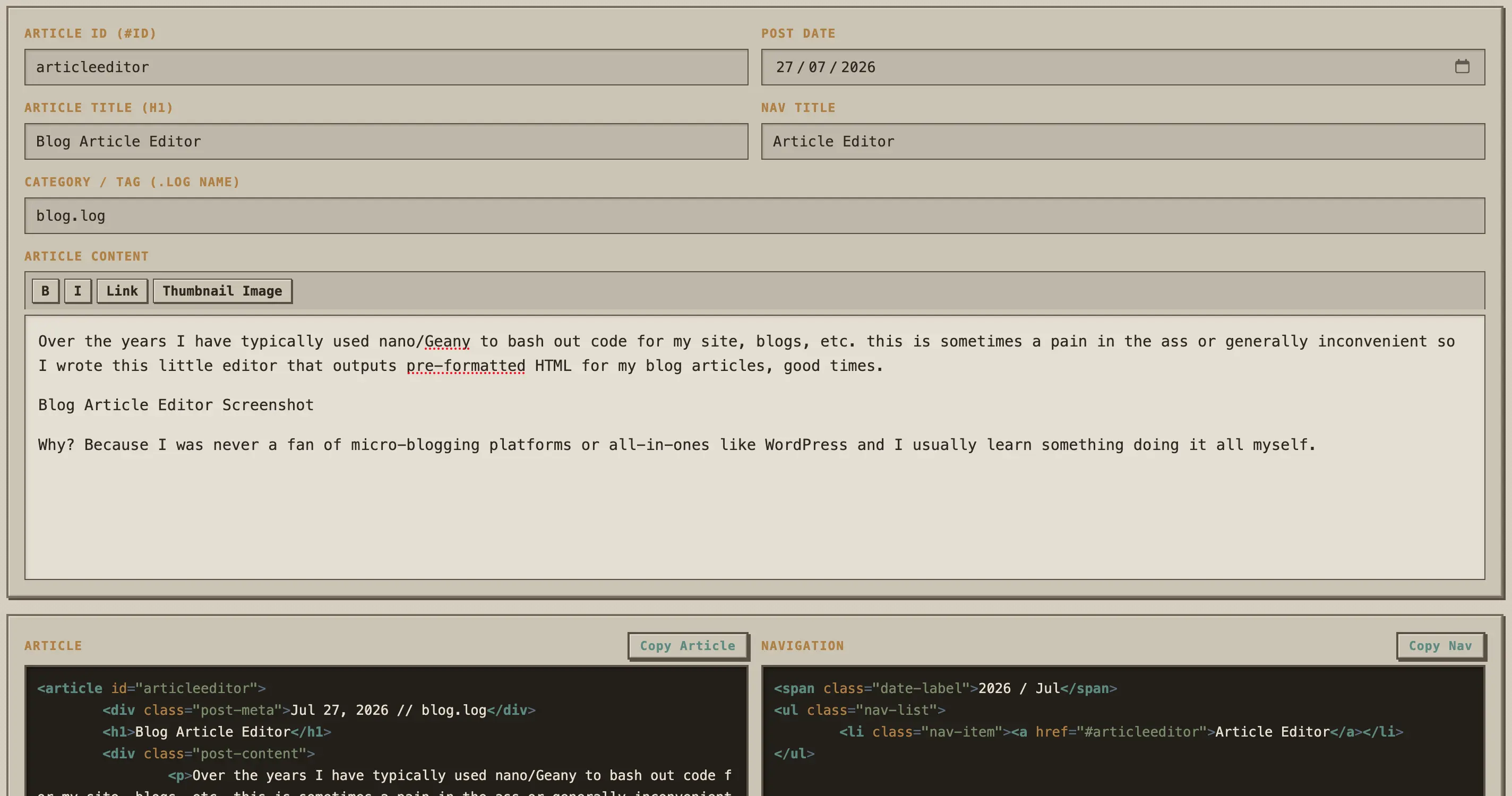 Blog Article Editor Screenshot